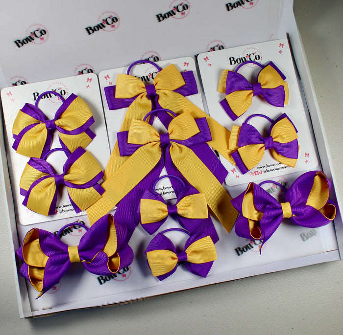 School Bow Bundle Saver - 10 Pack - Purple and Yellow Gold - Elastic
