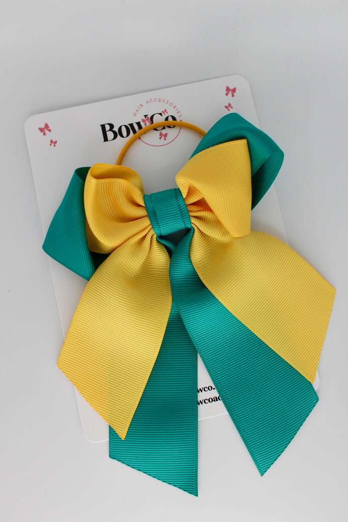 School Bow Jade Green and Yellow Gold - Loop Tail Bow - Elastic