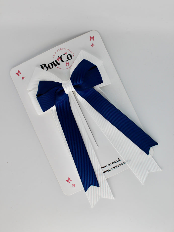 School Bow Navy Blue and White - Double Bow Tail