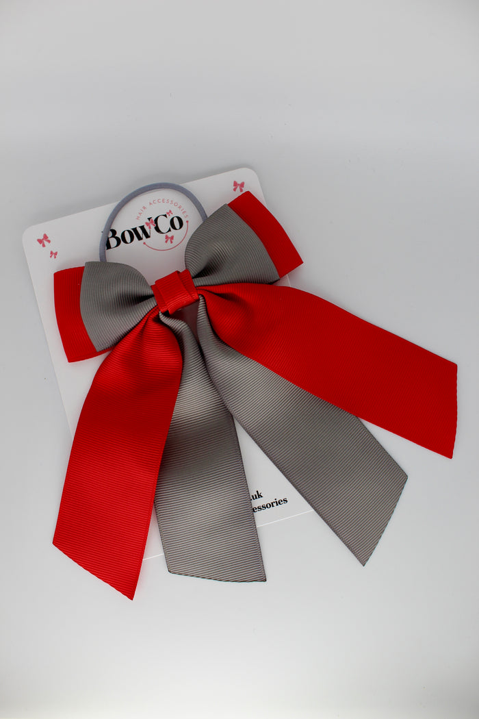 School Bow Red and Metal Grey - Double Layer Tail Bow – Elastic