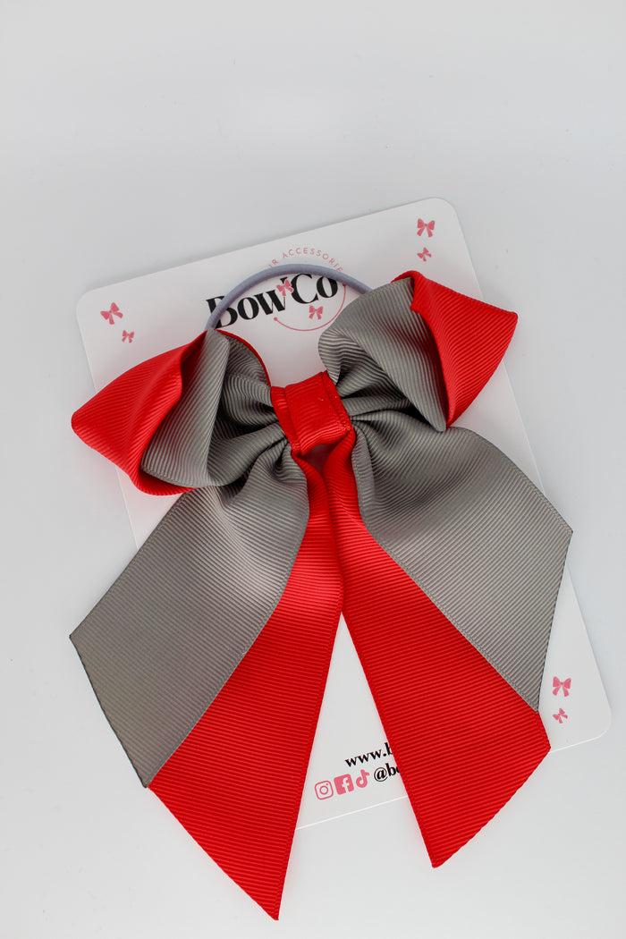 School Bow Red and Metal Grey- Loop Tail Bow - Elastic