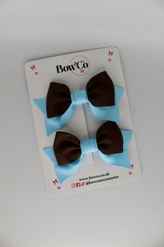 School Bows Blue Topaz and Brown - Bow Tail Set - Clip