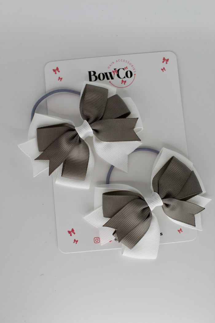 School Bows Metal Grey and White - Double Tail Bow Set - Elastic