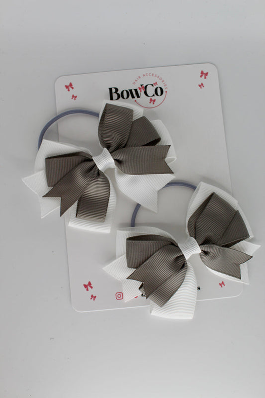 School Bows Metal Grey and White - Double Tail Bow Set - Elastic