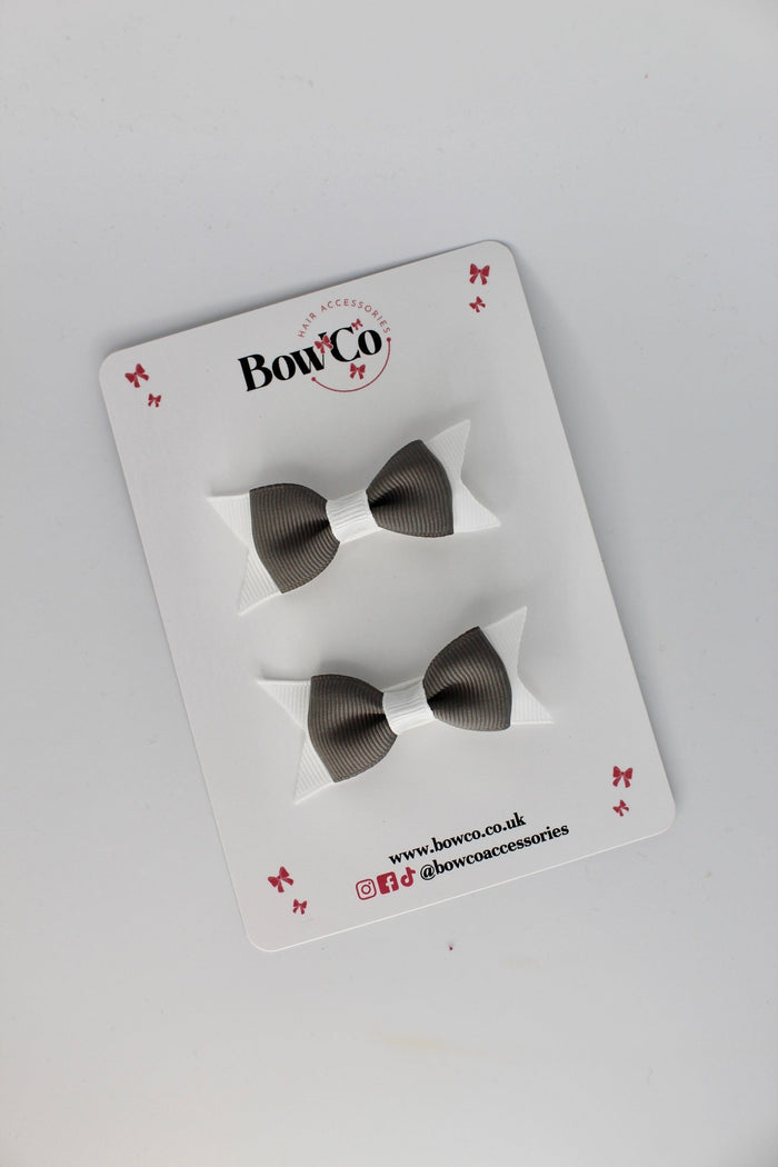 School Bows Metal Grey and White - Layer Tail Bow Set - Clip