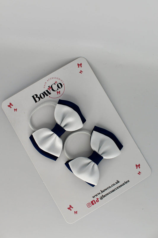 School Bows Navy Blue and White - Double Ribbon Bow Set - Elastic