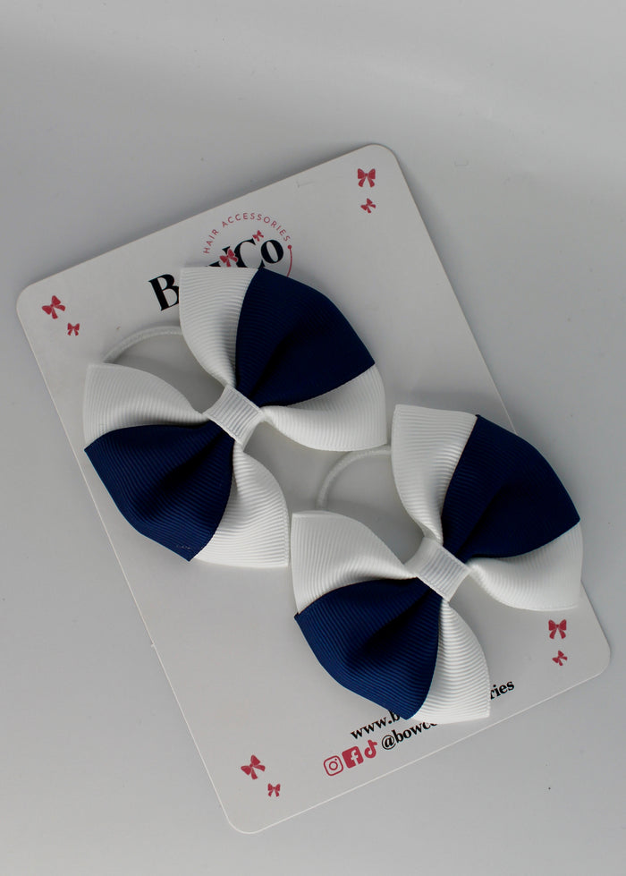 School Bows Navy Blue and White - Round Tuxedo Bow Set - Elastic