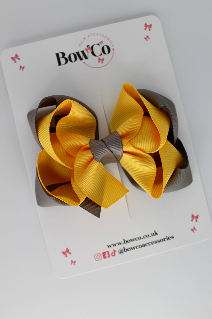 School Grey and Yellow Gold Double Loop Bow - Clip