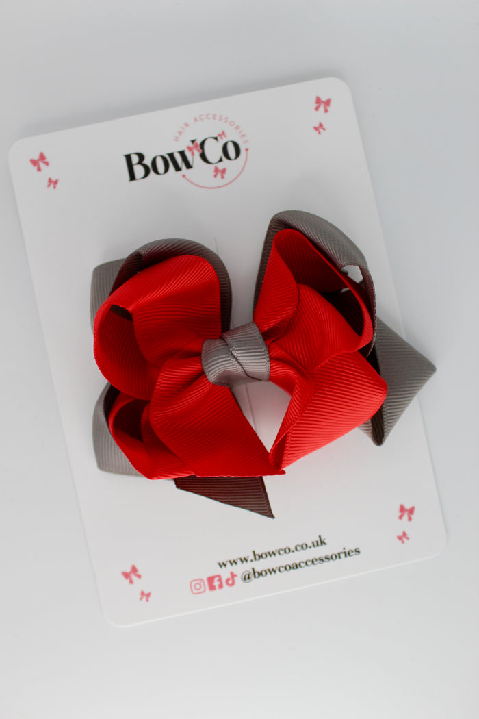 School Red and Grey Double Loop Bow - Clip