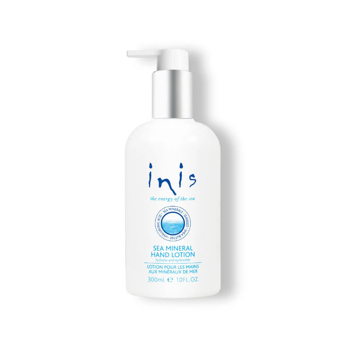 A 300ml white bottle of Inis Sea Mineral Hand Lotion with a silver pump dispenser, against a white background.