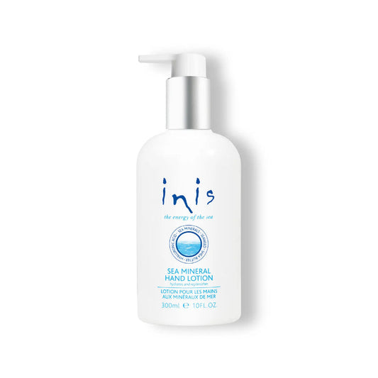 A 300ml white bottle of Inis Sea Mineral Hand Lotion with a silver pump dispenser, against a white background.