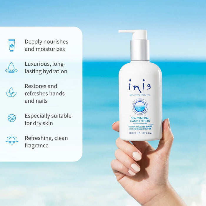 Hand holding a which pump bottle of 'inis' sea mineral hand lotion with a blue gradient background