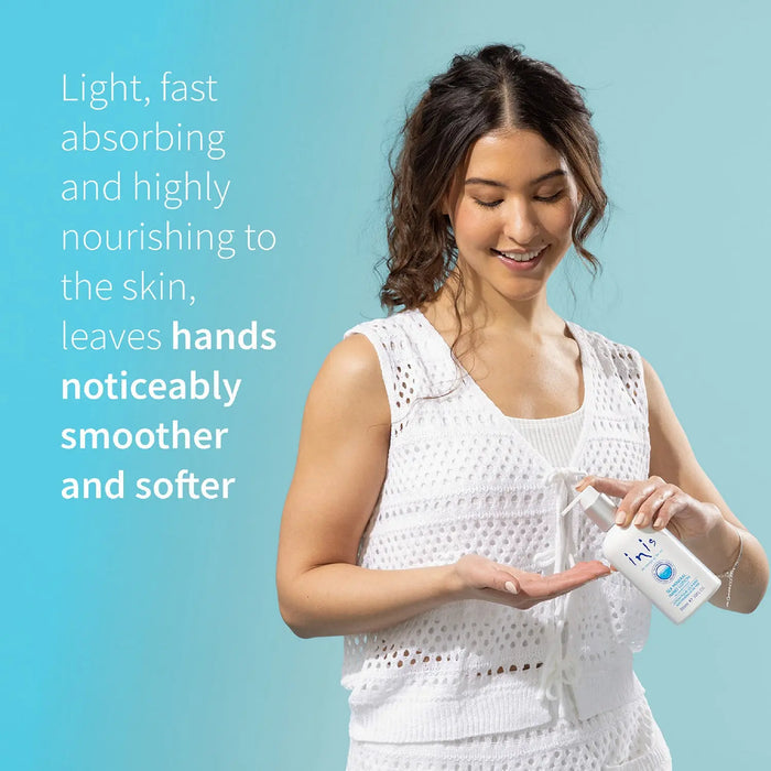 Woman applying lotion with text about product benefits on a blue background