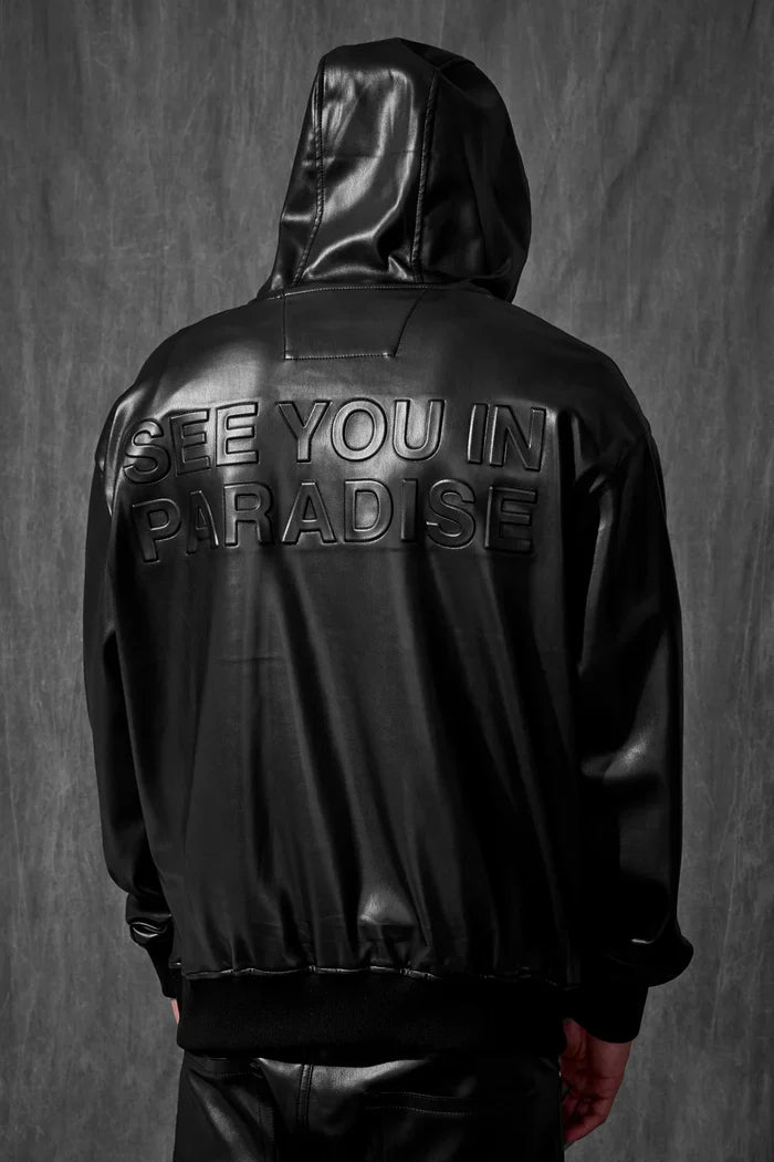 SEE YOU IN PARADISE VEGAN LEATHER HOODIE - 8560H - BLACK