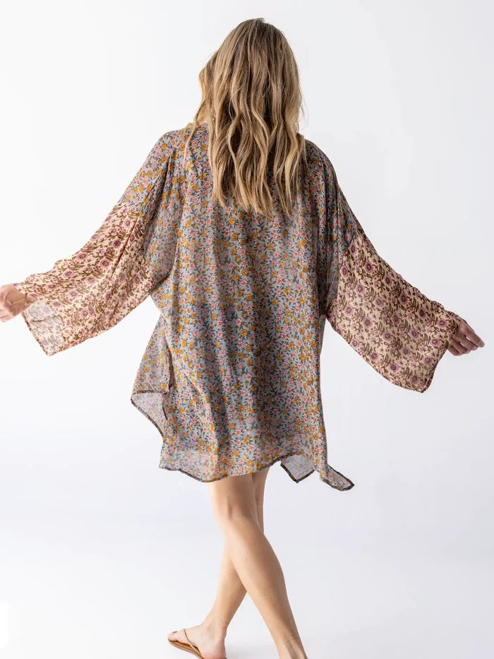 Sierra Mixed Print Kimono - Pink Mustard Floral-view 1
