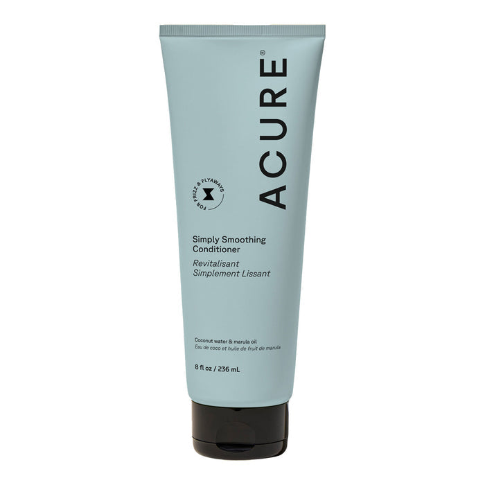 Front of Acure Simply Smoothing Conditioner in a muted blue tube. 236ml. Coconut water & marula oil. For frizz & flyaways.