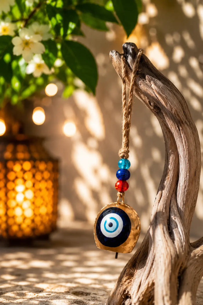 Single Hanging Bell Mobile with an evil eye charm and colorful beads, hanging from a piece of driftwood