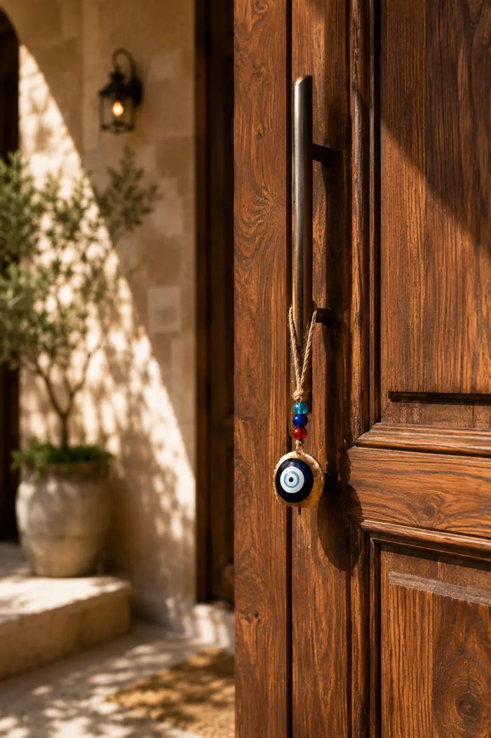 Single Hanging Bell Mobile with an evil eye charm and colorful beads, hanging on a wooden door handle