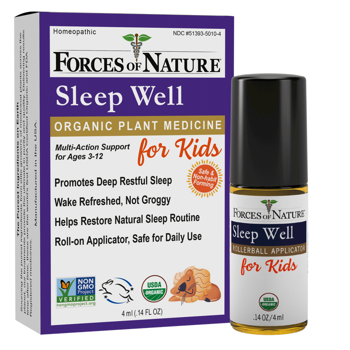 Front view of Sleep Well for Kids roll-on bottle and box showing Sleep Well for Kids label, rollerball applicator, and organic badges on white background