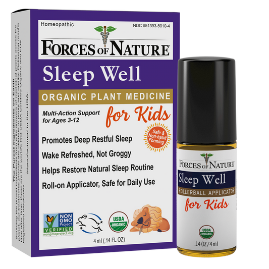 Front view of Sleep Well for Kids roll-on bottle and box showing Sleep Well for Kids label, rollerball applicator, and organic badges on white background