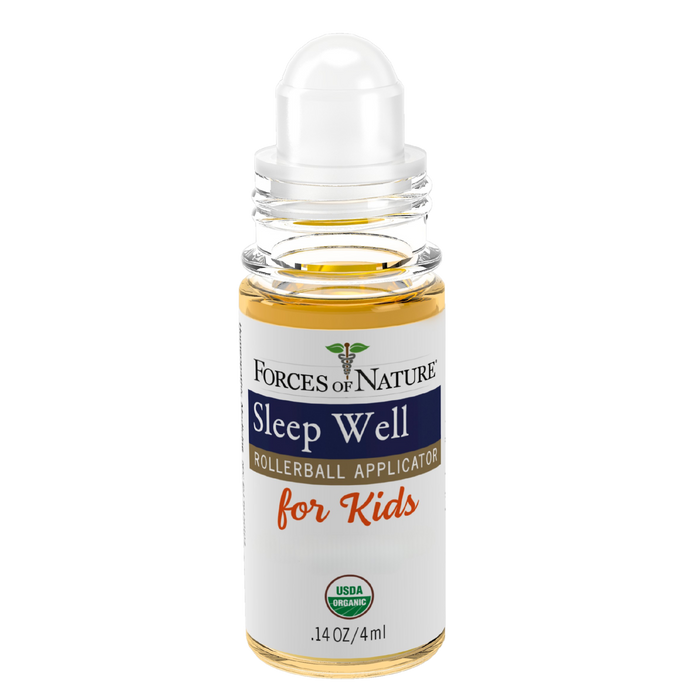 Front view of Sleep Well for Kids rollerball bottle showing rollerball applicator, USDA Organic seal, and 0.14 oz 4 ml marking