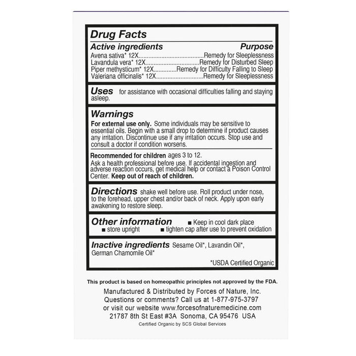 Drug Facts label showing active homeopathic ingredients, inactive essential oils, uses for sleeplessness, warnings, and roll-on directions