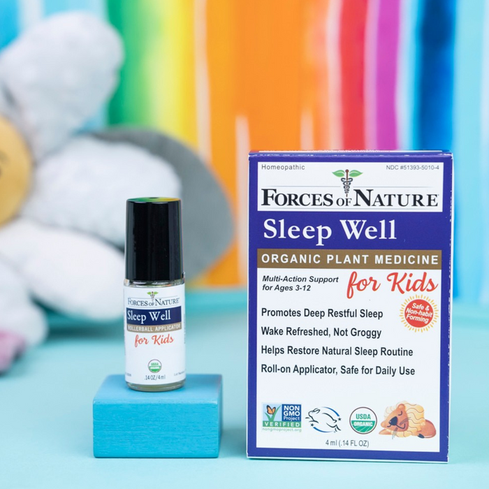 Front view of Sleep Well for Kids roll-on and box showing Sleep Well and for Kids packaging with colorful striped background and plush toy