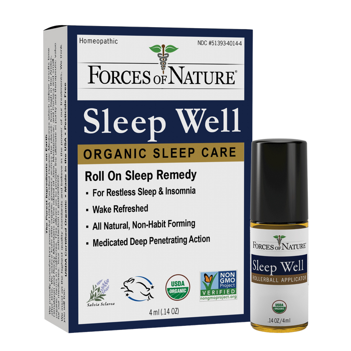 Front view of Sleep Well Remedy 4 ml roll-on showcasing the rollerball applicator and labeled box on white background