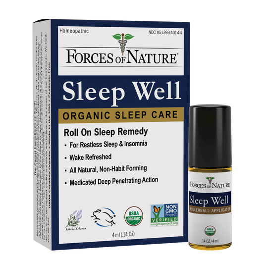 Front view of Sleep Well Remedy 4 ml roll-on showcasing the rollerball applicator and labeled box on white background