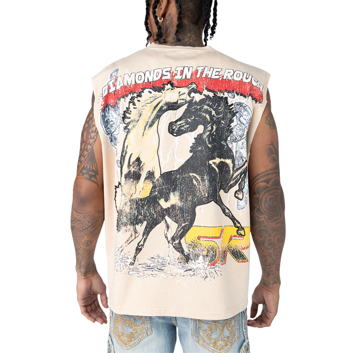 SMOKE RISE  "KILLER LIFE " RHINESTONE SLEEVELESS SHIRT - KT25274 - CLAY