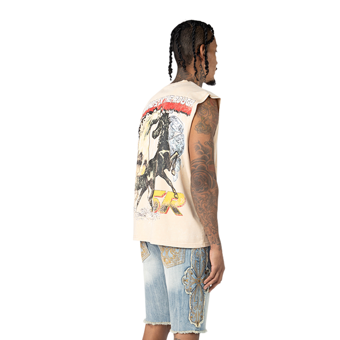 SMOKE RISE  "KILLER LIFE " RHINESTONE SLEEVELESS SHIRT - KT25274 - CLAY