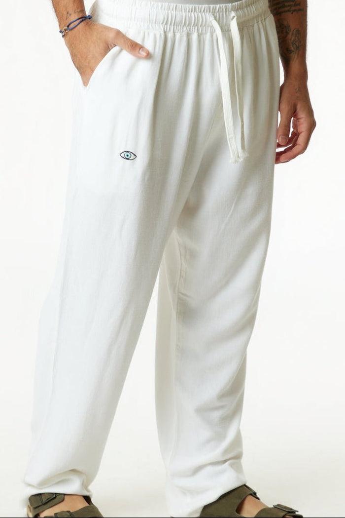 White pants with a logo on a white background