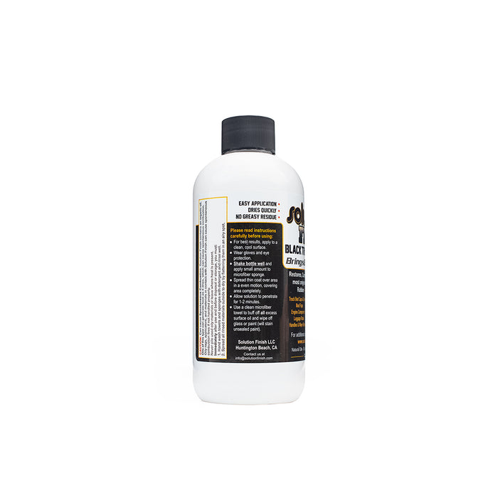 Solution Finish Black Trim Restorer side label on a white background.