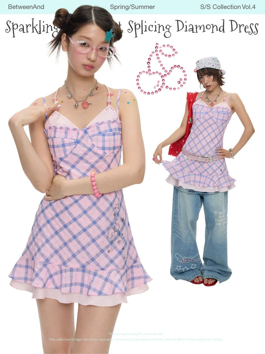 Sparkling pink print splicing diamond dress