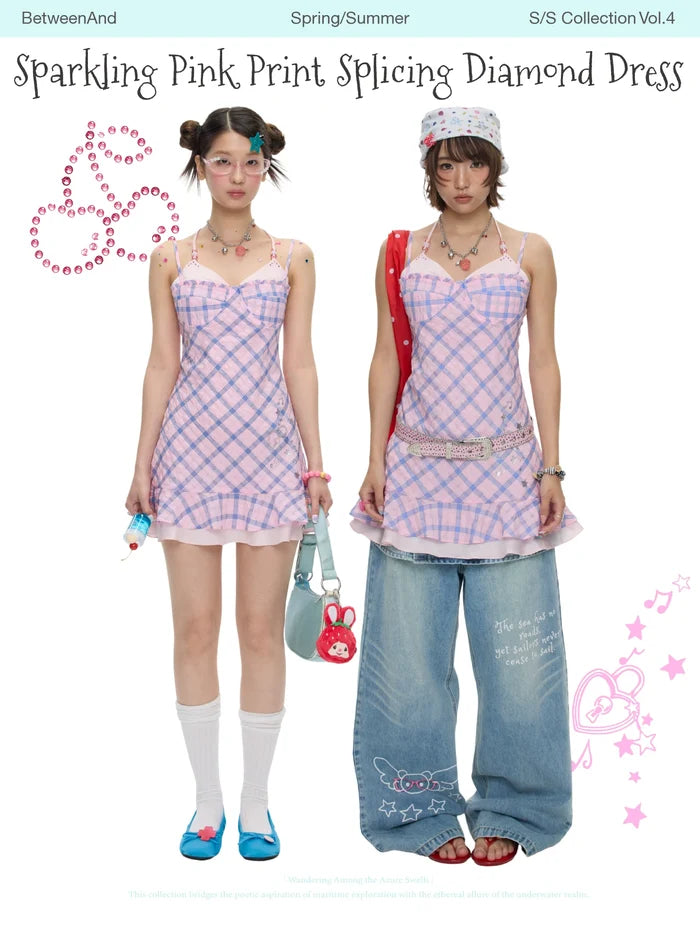 Sparkling pink print splicing diamond dress