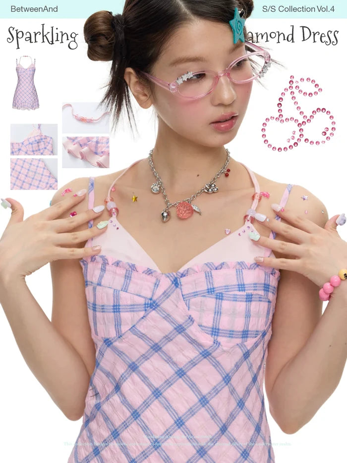Sparkling pink print splicing diamond dress