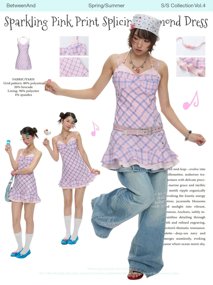 Sparkling pink print splicing diamond dress