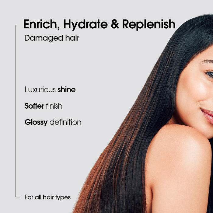 Woman with long glossy hair after using split ends care hair oil