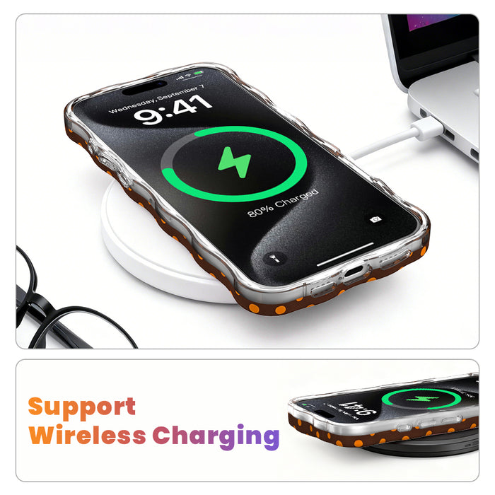 Wireless charging diagram showing the Spotted Looking Cute Wavy Luxe iPhone case charging on a MagSafe pad with the case still on.