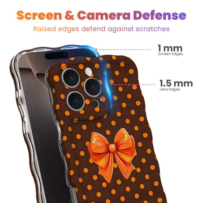 Screen and camera defense diagram for the Spotted Looking Cute iPhone case, showing the 1 mm raised screen edge and 1.5 mm raised lens edge that guard against scratches.