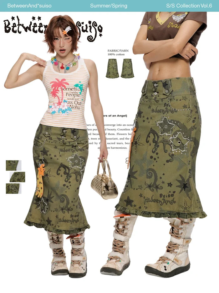*Suiso collaboration star printed camouflage skirt