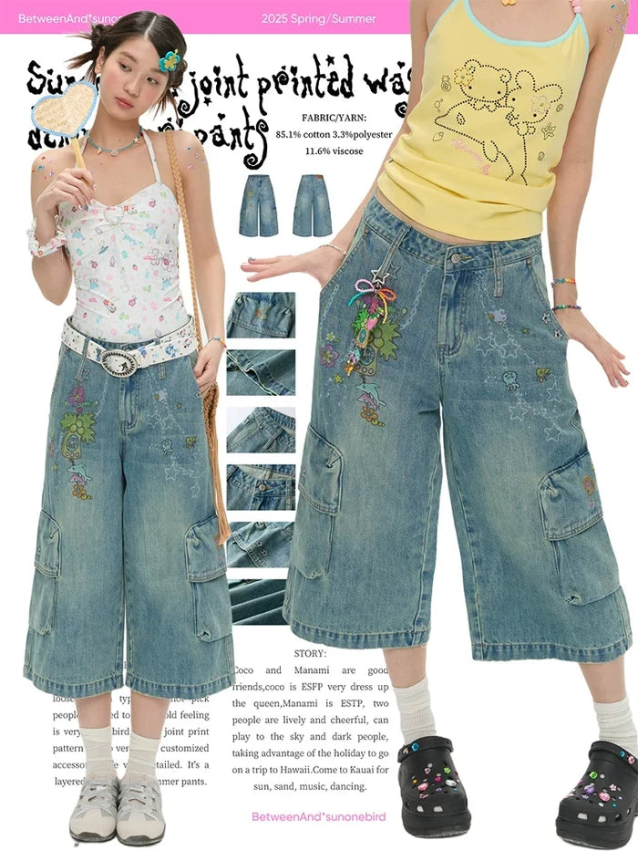 Sunonebird washed denim capri pants