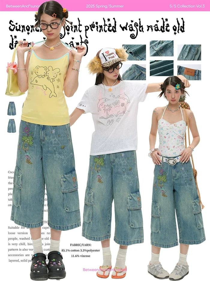 Sunonebird washed denim capri pants