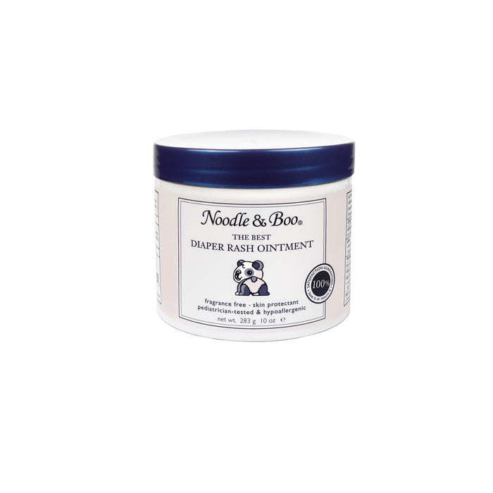 A jar of 'The Best Diaper Rash Ointment' by Noodle & Boo, with a white label that includes the product name and a brief description.