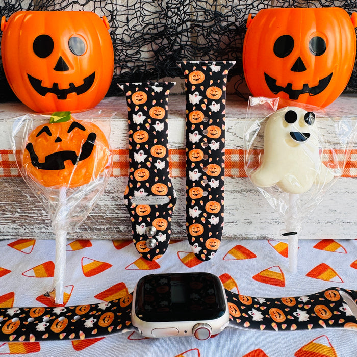 sweet & spooky apple watch band â black silicone with pumpkins and ghosts; fits 38â49 mm