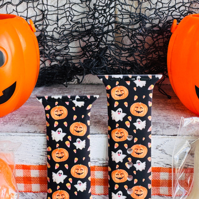 sweet & spooky apple watch band â black silicone with pumpkins and ghosts; fits 38â49 mm