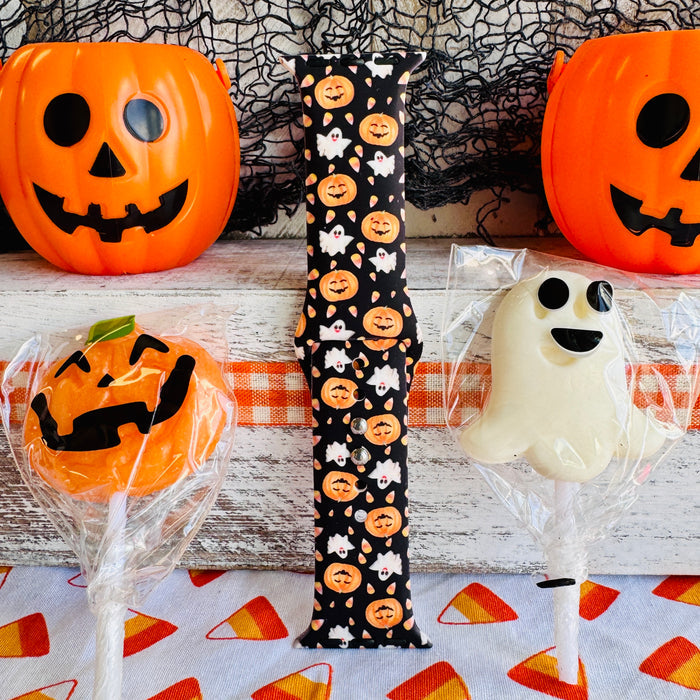 sweet & spooky apple watch band â black silicone with pumpkins and ghosts; fits 38â49 mm