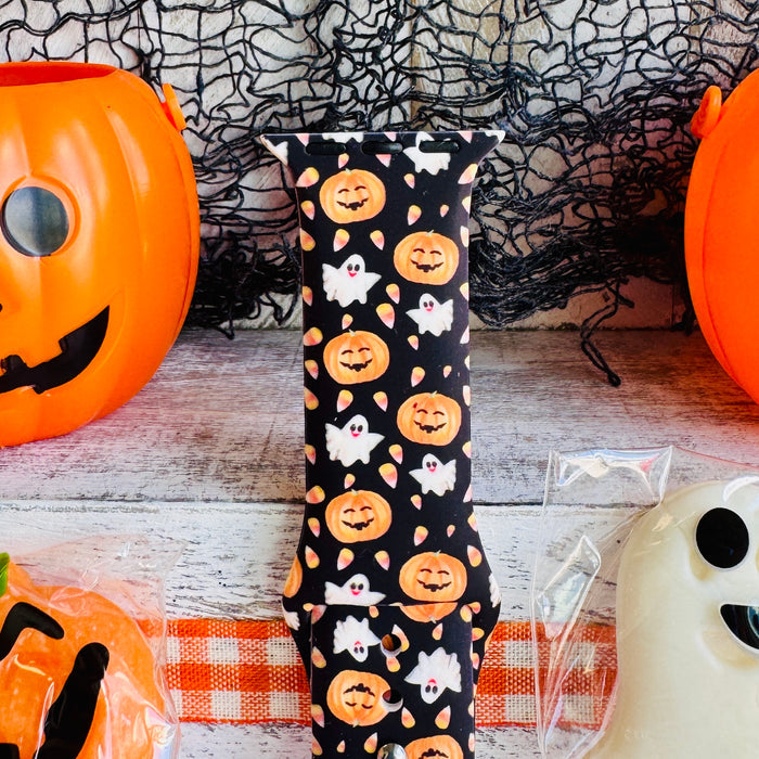 sweet & spooky apple watch band â black silicone with pumpkins and ghosts; fits 38â49 mm