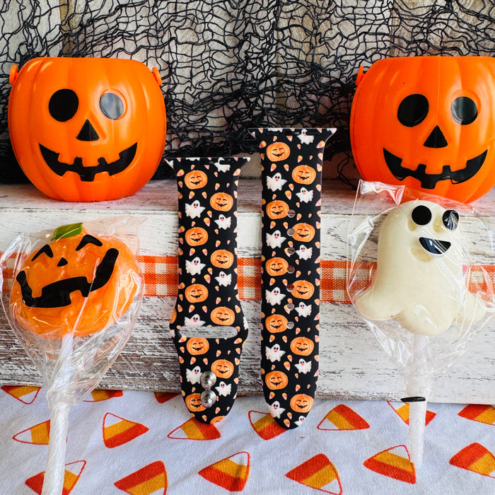 sweet & spooky apple watch band â black silicone with pumpkins and ghosts; fits 38â49 mm