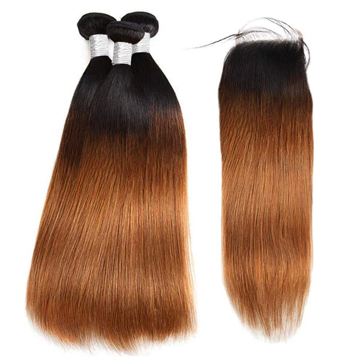 t1b/30 ombred brown brazilian straight human hair bundles with 4x4 lace closure